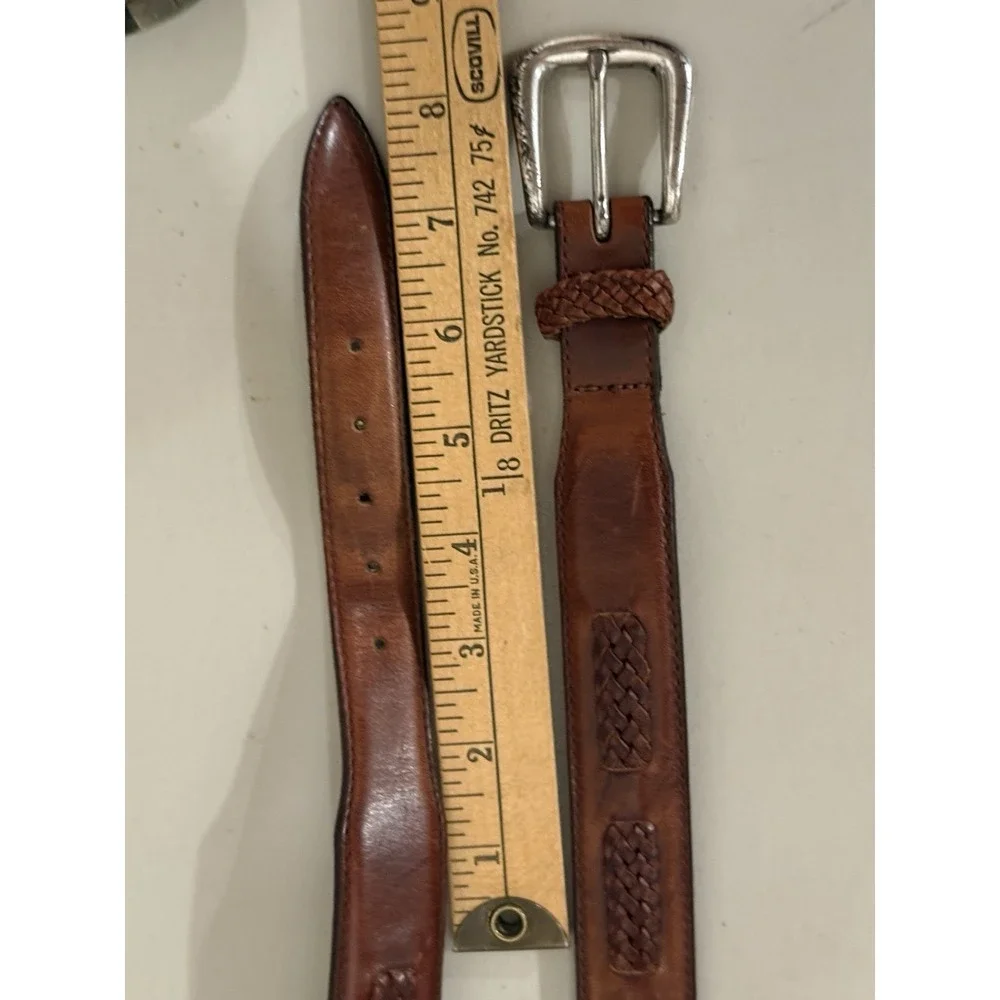 Vintage Men Brown Leather Belt 40 Braided Accent Western Dress Silver Buckle